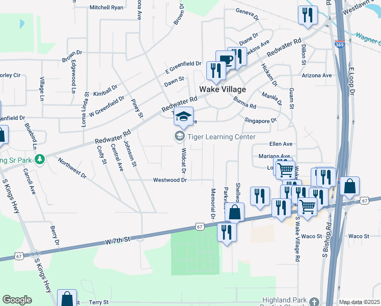 map of restaurants, bars, coffee shops, grocery stores, and more near 3 Jeffrey Circle in Wake Village
