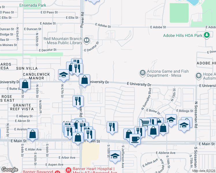 map of restaurants, bars, coffee shops, grocery stores, and more near East University Drive in Mesa