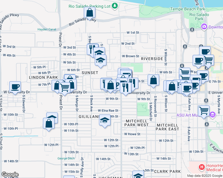map of restaurants, bars, coffee shops, grocery stores, and more near 710 South Hardy Drive in Tempe