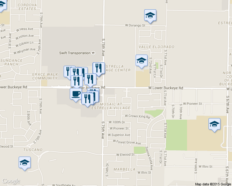 map of restaurants, bars, coffee shops, grocery stores, and more near 2815 South 74th Drive in Phoenix