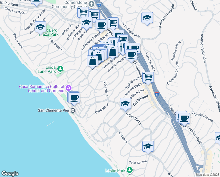 map of restaurants, bars, coffee shops, grocery stores, and more near 401 South Ola Vista in San Clemente