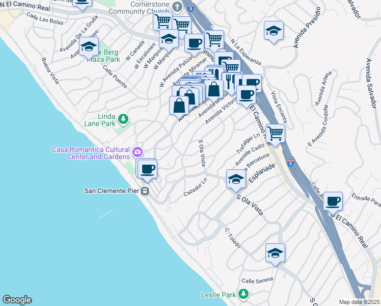 map of restaurants, bars, coffee shops, grocery stores, and more near 258 Avenida Victoria in San Clemente