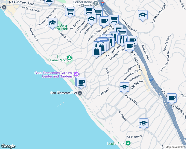 map of restaurants, bars, coffee shops, grocery stores, and more near in San Clemente