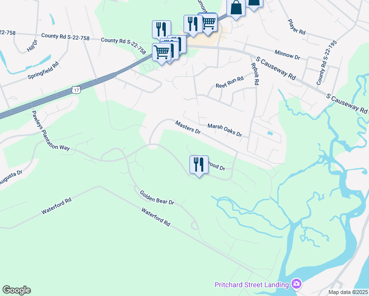 map of restaurants, bars, coffee shops, grocery stores, and more near 326 Masters Drive in Pawleys Island