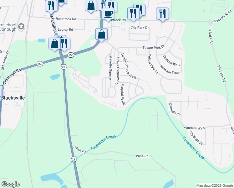 map of restaurants, bars, coffee shops, grocery stores, and more near 2055 Uptown Square in McDonough