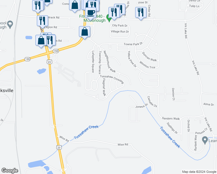 map of restaurants, bars, coffee shops, grocery stores, and more near 4095 Mission Way in McDonough