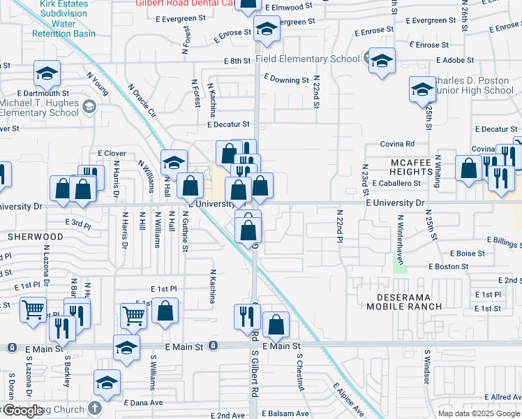 map of restaurants, bars, coffee shops, grocery stores, and more near in Mesa