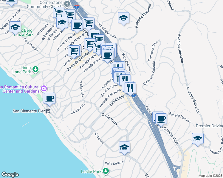 map of restaurants, bars, coffee shops, grocery stores, and more near 117 Avenida Cadiz in San Clemente