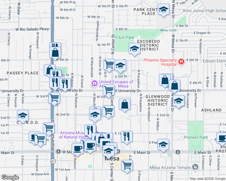 map of restaurants, bars, coffee shops, grocery stores, and more near 3 E University Dr in Mesa