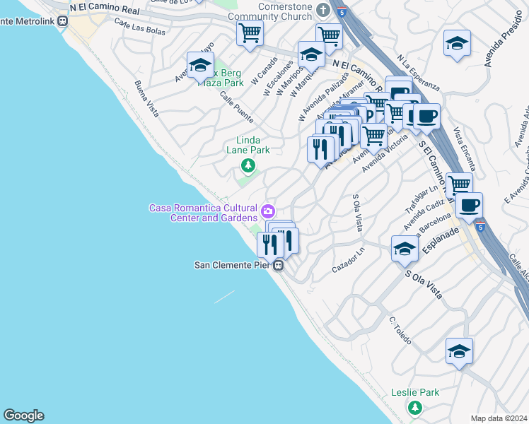 map of restaurants, bars, coffee shops, grocery stores, and more near 423 Avenida Granada in San Clemente