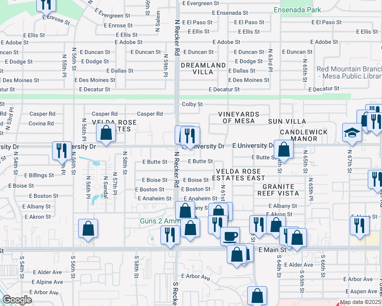 map of restaurants, bars, coffee shops, grocery stores, and more near 6057 East University Drive in Mesa