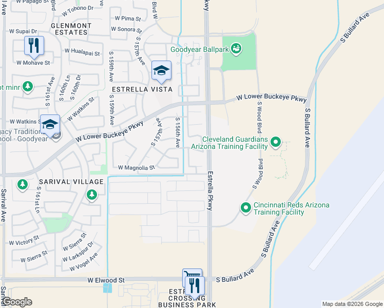 map of restaurants, bars, coffee shops, grocery stores, and more near 15550 West Rio Vista Lane in Goodyear