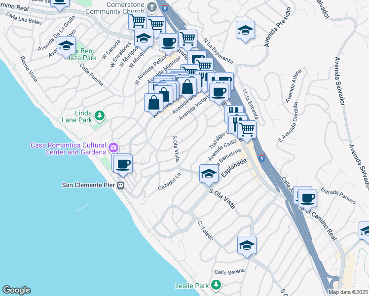 map of restaurants, bars, coffee shops, grocery stores, and more near 231 Avenida Santa Barbara in San Clemente