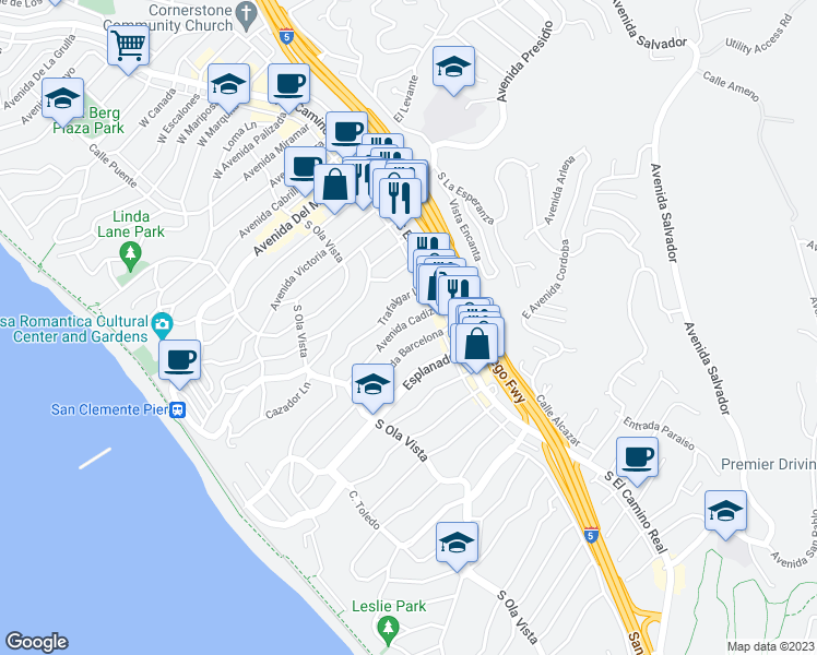 map of restaurants, bars, coffee shops, grocery stores, and more near 117 Avenida Cadiz in San Clemente