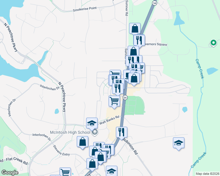 map of restaurants, bars, coffee shops, grocery stores, and more near 1005 Lexington Village in Peachtree City