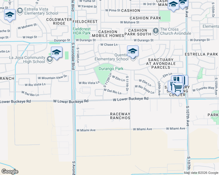 map of restaurants, bars, coffee shops, grocery stores, and more near 11222 West Rio Vista Lane in Avondale