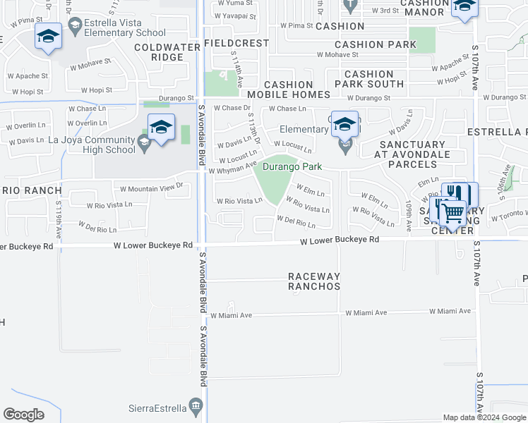 map of restaurants, bars, coffee shops, grocery stores, and more near 11282 West Del Rio Lane in Avondale