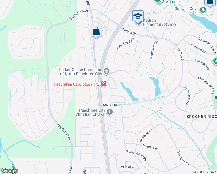 map of restaurants, bars, coffee shops, grocery stores, and more near 101 McWilliams Drive in Peachtree City