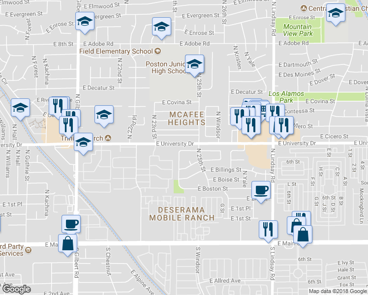 map of restaurants, bars, coffee shops, grocery stores, and more near 2426 East Baltimore Street in Mesa