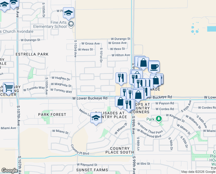 map of restaurants, bars, coffee shops, grocery stores, and more near 10047 West Flavia Haven in Tolleson