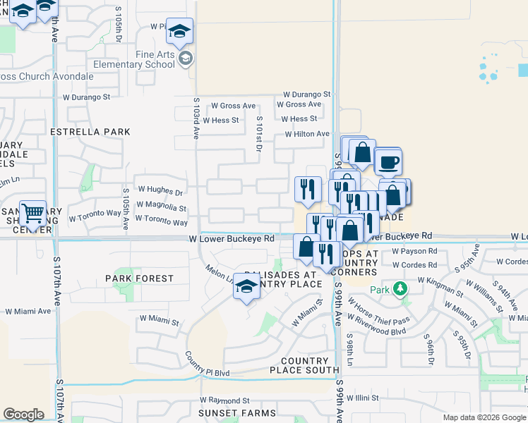 map of restaurants, bars, coffee shops, grocery stores, and more near 10107 West Veliana Way in Tolleson