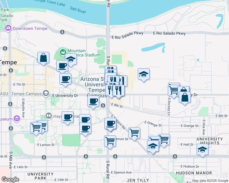 map of restaurants, bars, coffee shops, grocery stores, and more near 930 East University Drive in Tempe