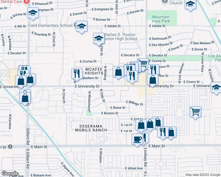 map of restaurants, bars, coffee shops, grocery stores, and more near 419 North Windsor in Mesa
