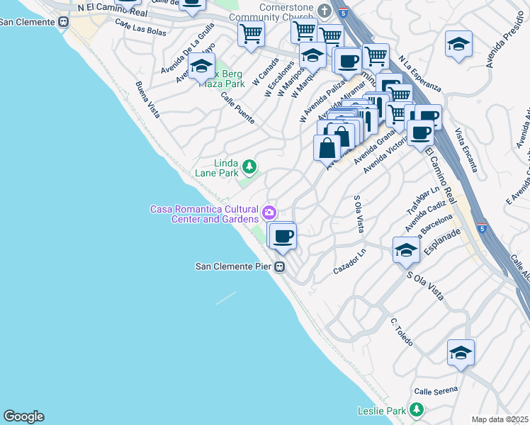 map of restaurants, bars, coffee shops, grocery stores, and more near 423 Avenida Granada in San Clemente