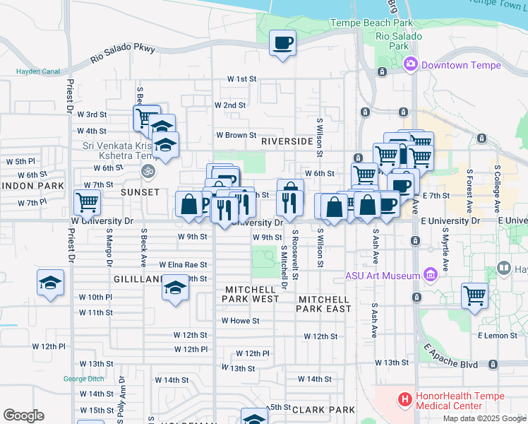 map of restaurants, bars, coffee shops, grocery stores, and more near 3657 West 7th Street in Tempe