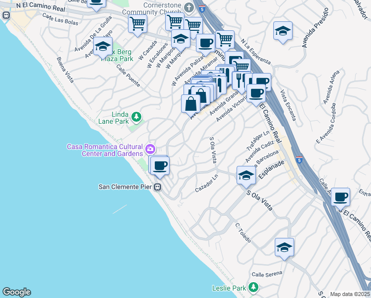 map of restaurants, bars, coffee shops, grocery stores, and more near 206 South Calle Seville in San Clemente