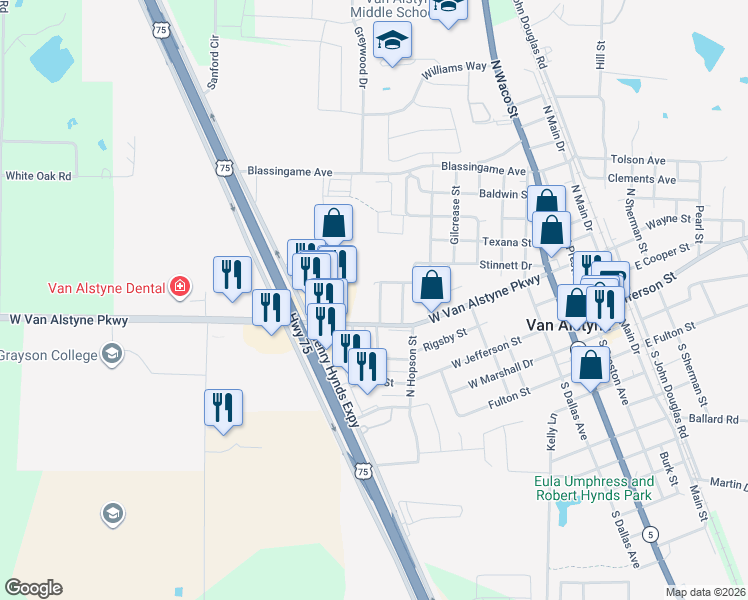 map of restaurants, bars, coffee shops, grocery stores, and more near 351 La Salle Drive in Van Alstyne