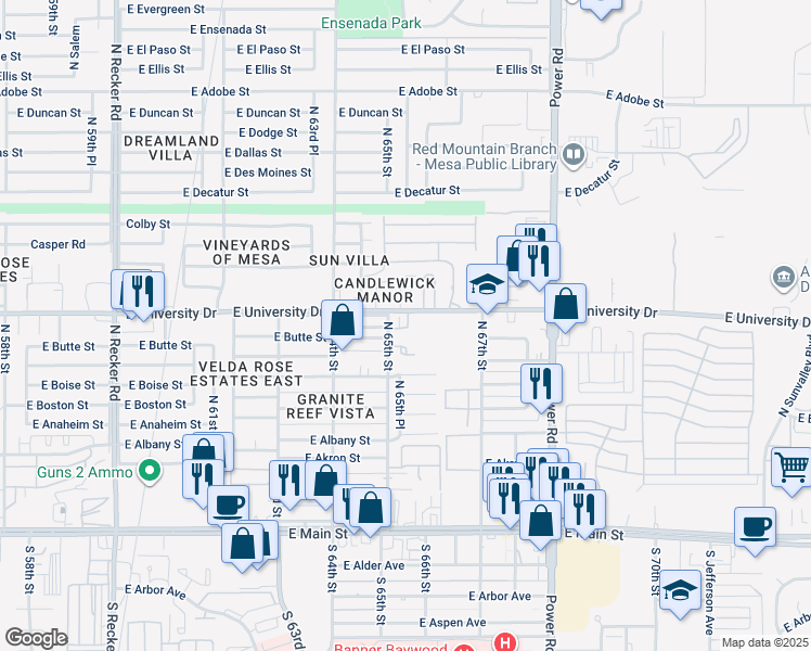 map of restaurants, bars, coffee shops, grocery stores, and more near 6512 East University Drive in Mesa
