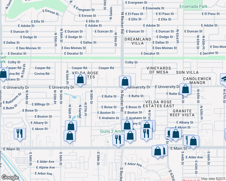 map of restaurants, bars, coffee shops, grocery stores, and more near 5848 East University Drive in Mesa