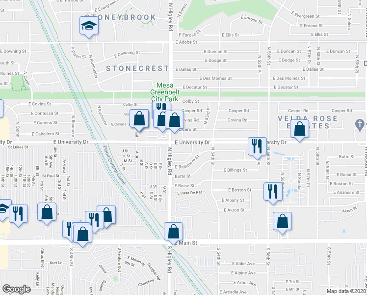 map of restaurants, bars, coffee shops, grocery stores, and more near 5202 East University Drive in Mesa