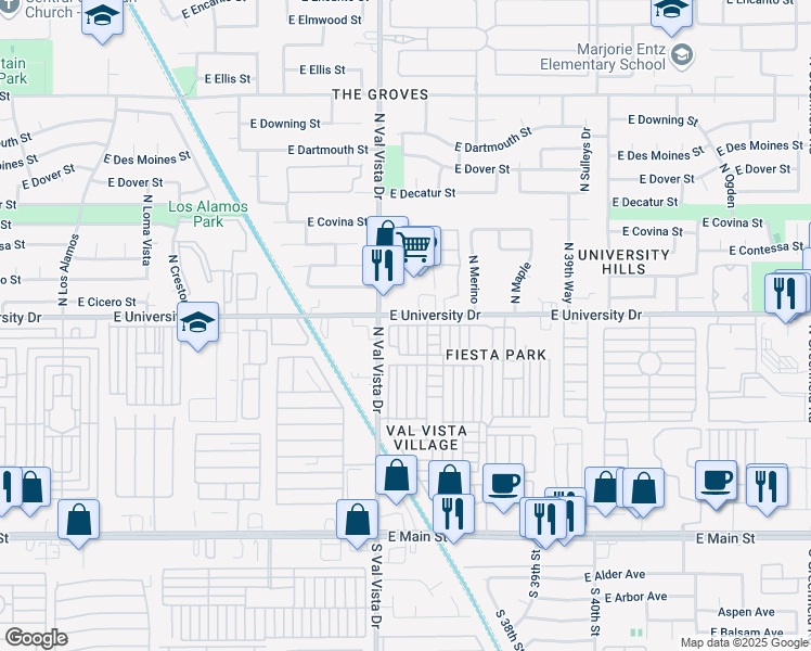 map of restaurants, bars, coffee shops, grocery stores, and more near 411 North Val Vista Drive in Mesa