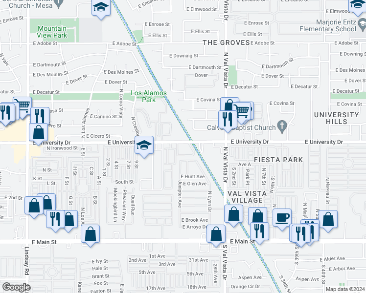 map of restaurants, bars, coffee shops, grocery stores, and more near 3424 East University Drive in Mesa