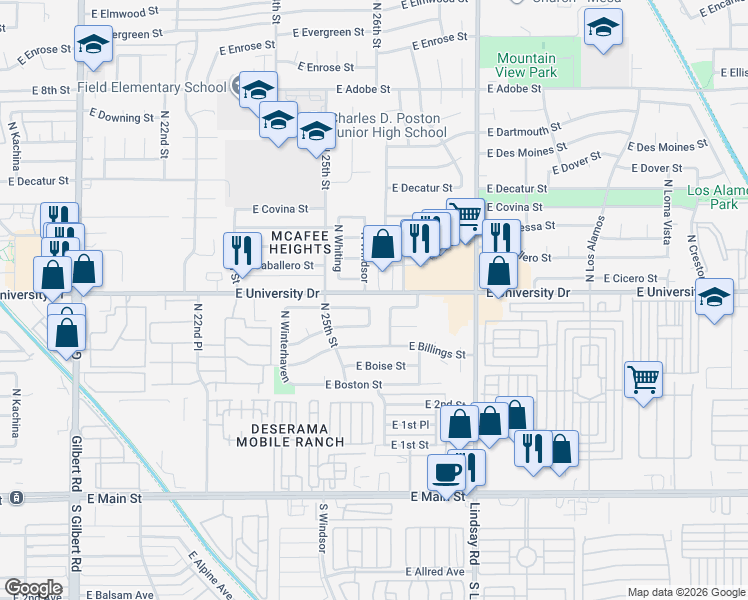 map of restaurants, bars, coffee shops, grocery stores, and more near 419 North Windsor in Mesa
