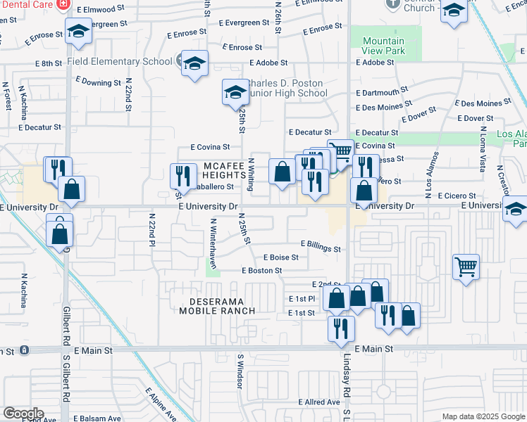 map of restaurants, bars, coffee shops, grocery stores, and more near 419 North Windsor in Mesa