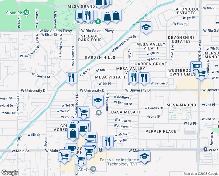 map of restaurants, bars, coffee shops, grocery stores, and more near 435 North Cholla in Mesa