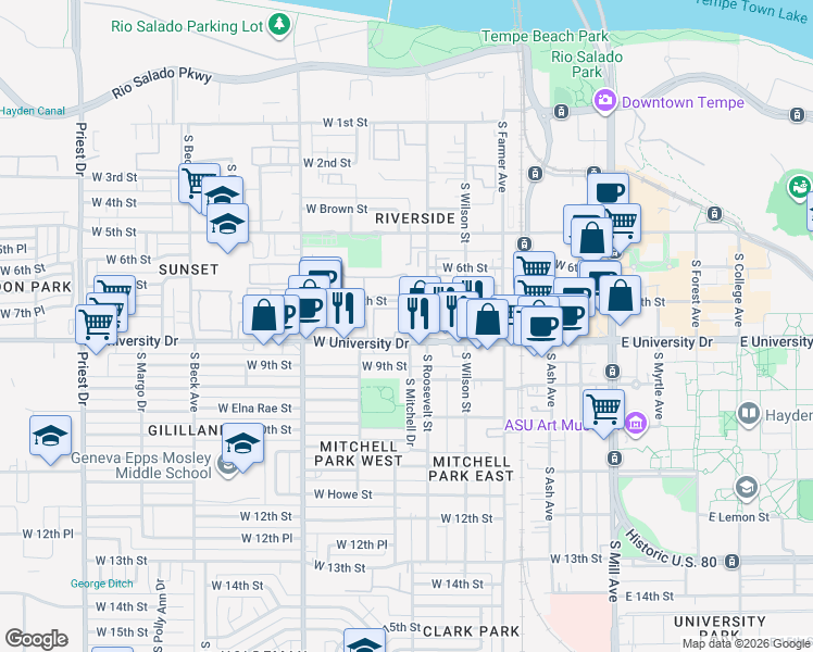 map of restaurants, bars, coffee shops, grocery stores, and more near in Tempe