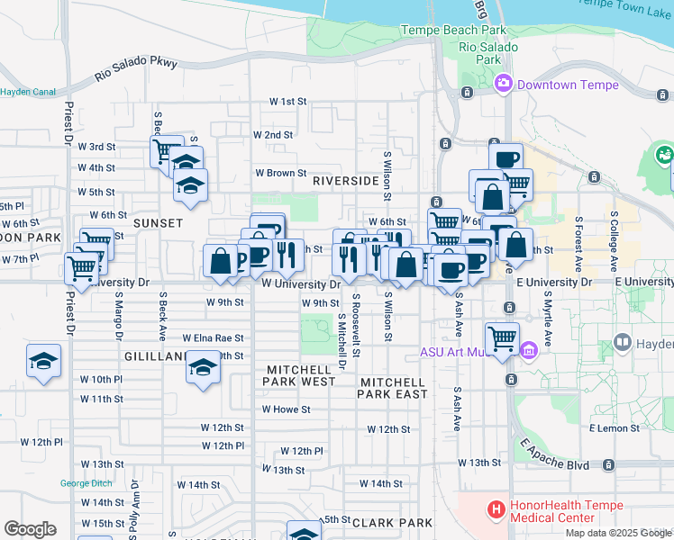 map of restaurants, bars, coffee shops, grocery stores, and more near in Tempe