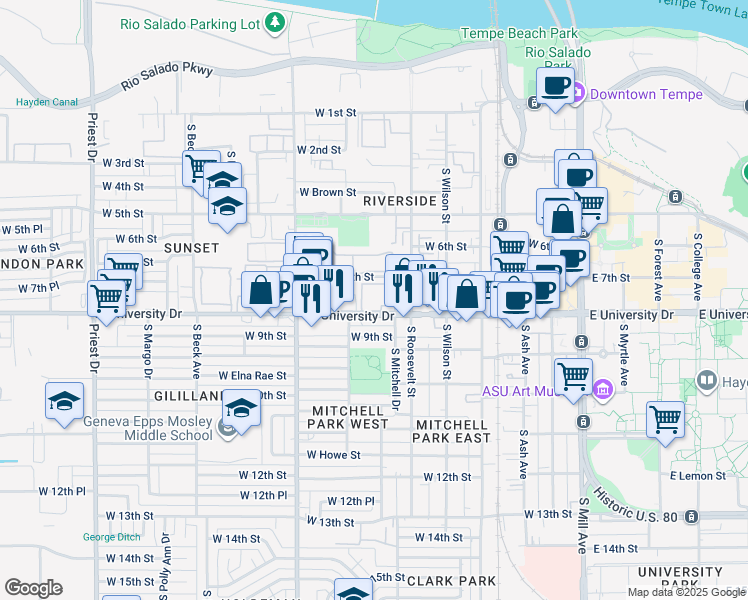 map of restaurants, bars, coffee shops, grocery stores, and more near 3657 West 7th Street in Tempe