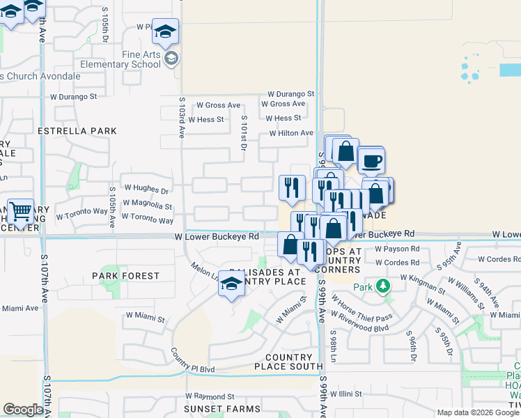 map of restaurants, bars, coffee shops, grocery stores, and more near 10047 West Flavia Haven in Tolleson