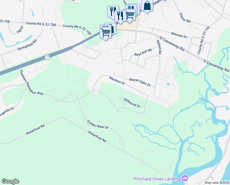 map of restaurants, bars, coffee shops, grocery stores, and more near 326 Masters Drive in Pawleys Island