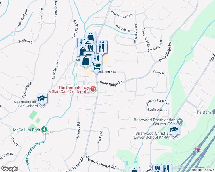 map of restaurants, bars, coffee shops, grocery stores, and more near 2416 Dolly Ridge Road in Vestavia Hills
