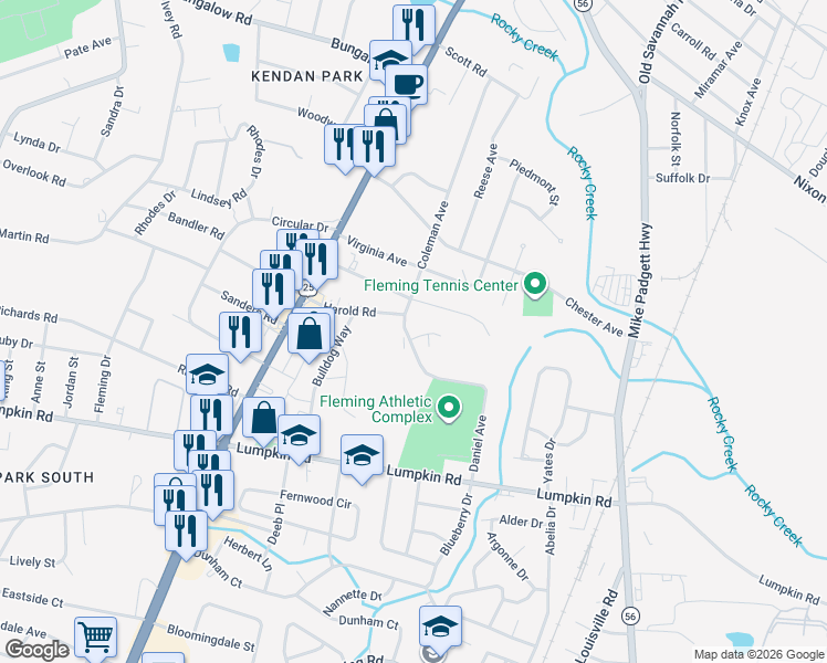 map of restaurants, bars, coffee shops, grocery stores, and more near 2612 Coleman Avenue in Augusta