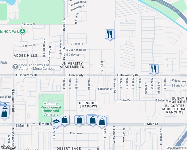 map of restaurants, bars, coffee shops, grocery stores, and more near 8146 East University Drive in Mesa