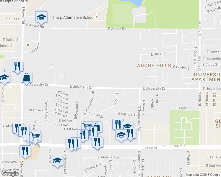 map of restaurants, bars, coffee shops, grocery stores, and more near 7353 East University Drive in Mesa