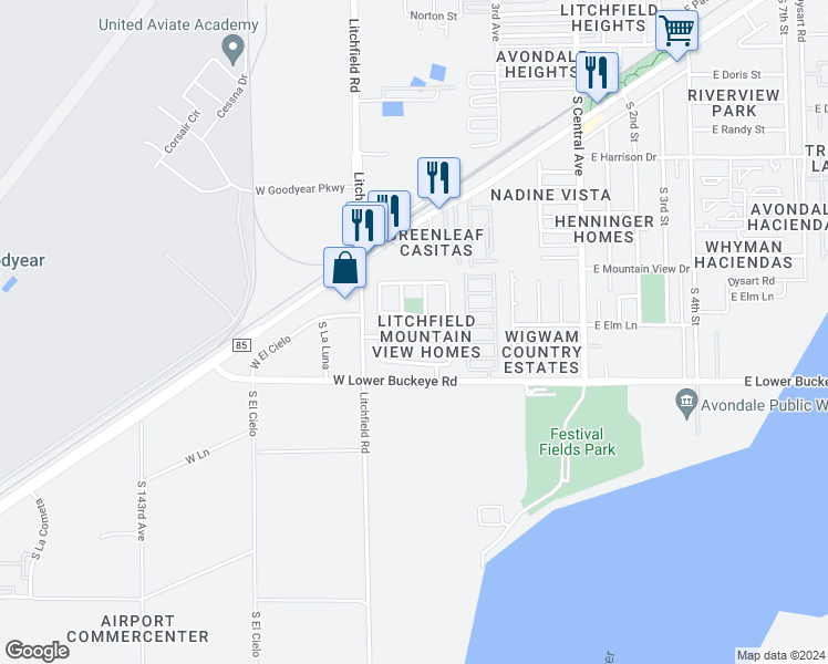 map of restaurants, bars, coffee shops, grocery stores, and more near 518 West Rio Vista Lane in Avondale