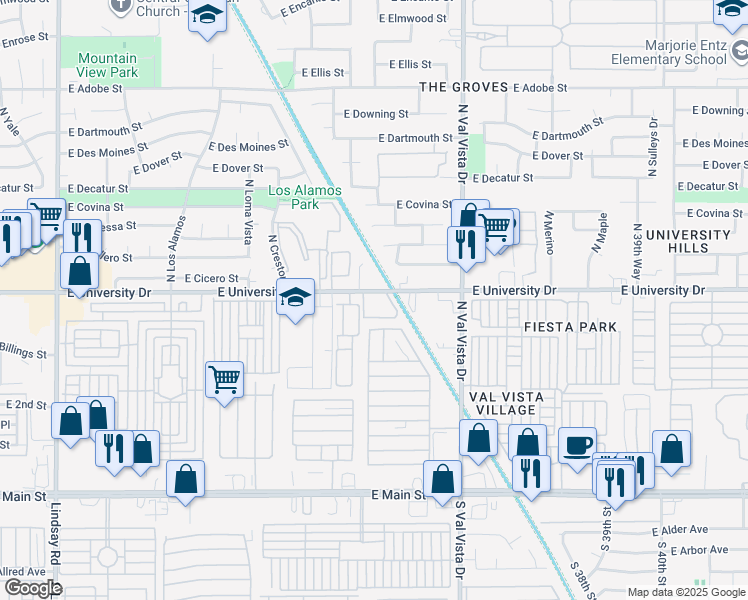 map of restaurants, bars, coffee shops, grocery stores, and more near 3424 East University Drive in Mesa